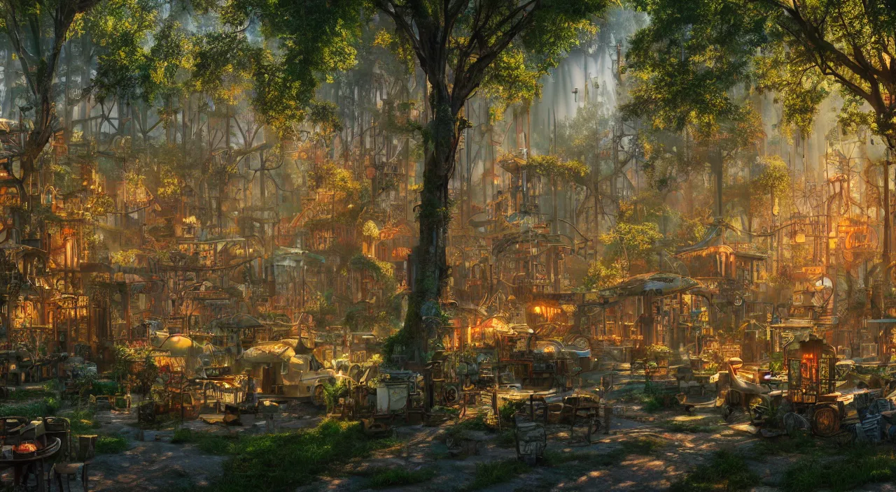 Prompt: a steampunk village in a forest on a summers day, suns rays, giant trees, junk everywhere, neon signs, magical atmosphere, mist, photo realistic, octane render, 8k, guido borelli da caluso