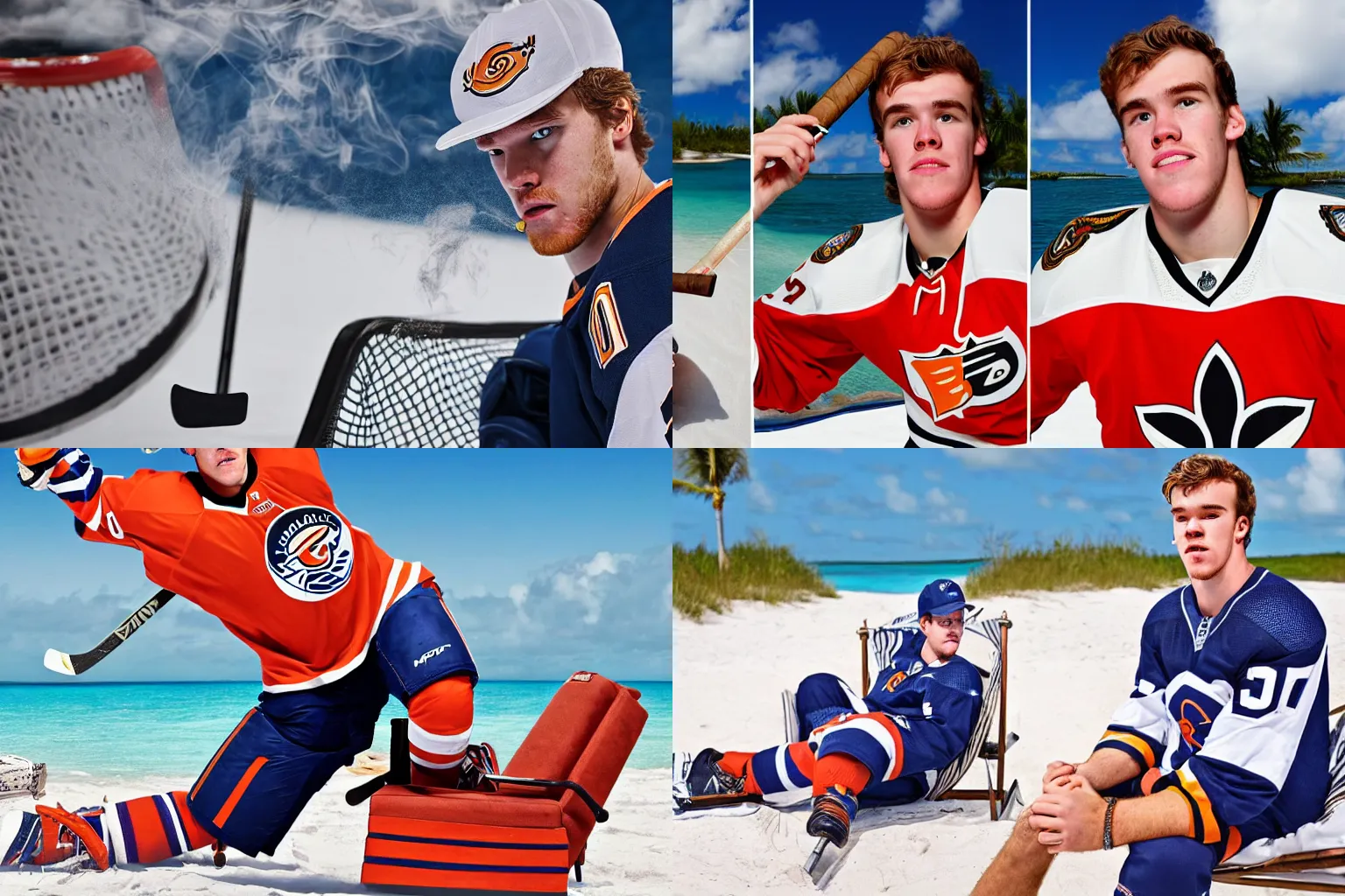 Prompt: While smoking a cigar, Hockeyplayer Connor McDavid wearing full Hockey gear and sitting in a sunchair on the beach of Bahamas, symmetric face, hyperdetailed, hyperrealistic, 4k