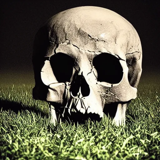 Prompt: giant skull hovering over graveyard, realistic shattered human skull, nighttime award winning photography