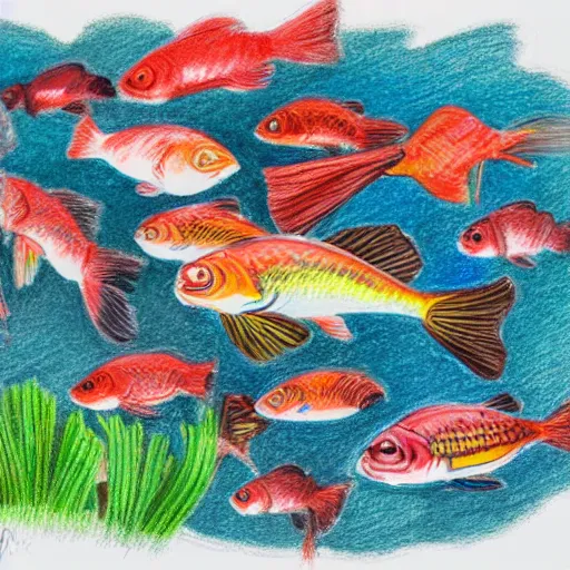 Image similar to school of fish jumping above water, color pencil sketch, maximalist, white background