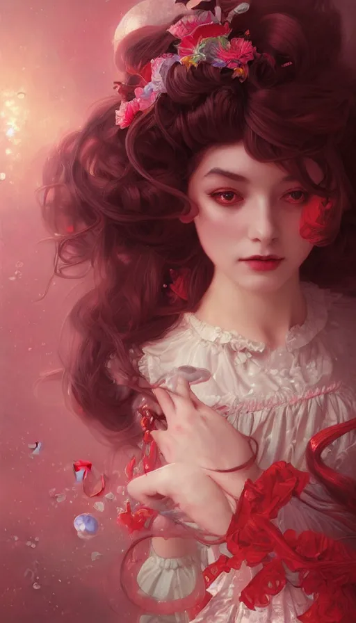Prompt: portrait of magical lolita girl, dreamy and ethereal, vermillion red eyes, peaceful expression, ornate frilly dress, fantasy, intricate, elegant, rainbow bubbles, highly detailed, digital painting, artstation, concept art, smooth, sharp focus, illustration, art by artgerm and greg rutkowski and alphonse mucha