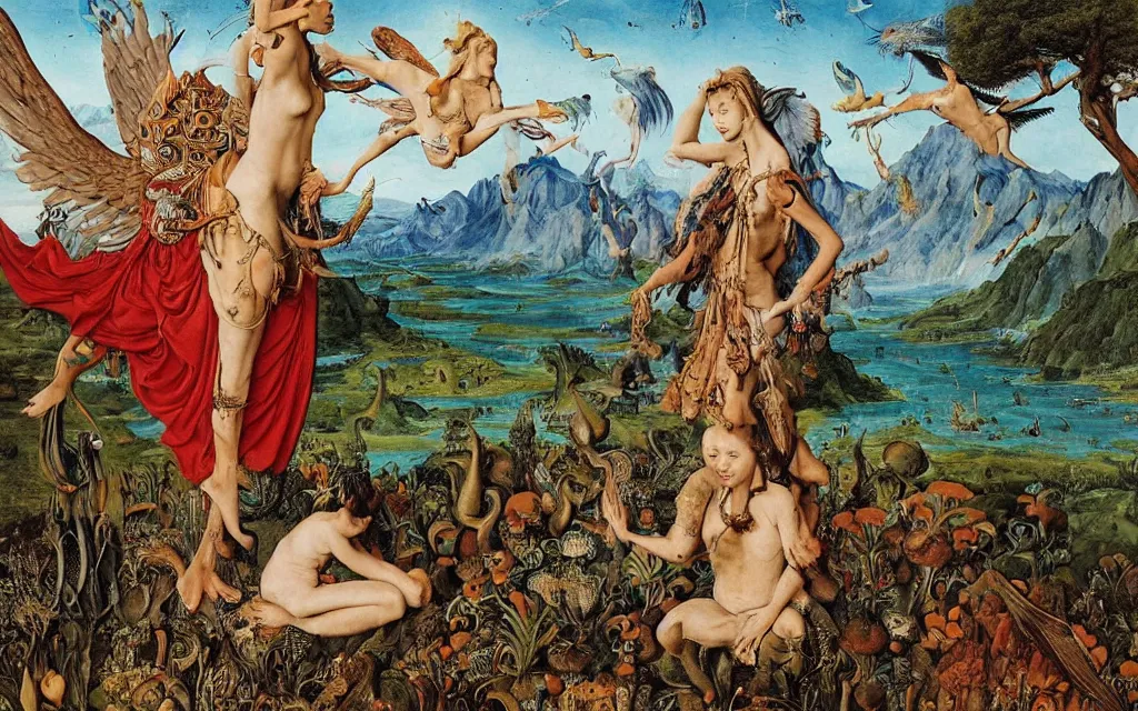 Image similar to a portrait photograph of a meditating harpy and a centaur king riding winged serpents and hugging animals at a river delta. surrounded by mushrooms, animals and trees. mountains range under a blue sky of burning stars. painted by jan van eyck, max ernst, ernst haeckel and ernst fuchs, cgsociety, artstation, fashion editorial, 8 k