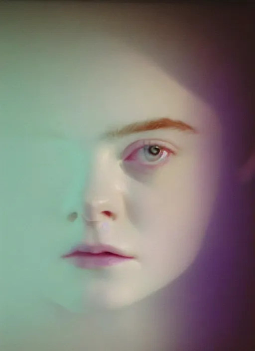 Prompt: out of focus photorealistic portrait of elle fanning by sarah moon, very blurry, translucent white skin, closed eyes, foggy, violet and aqua neon lights