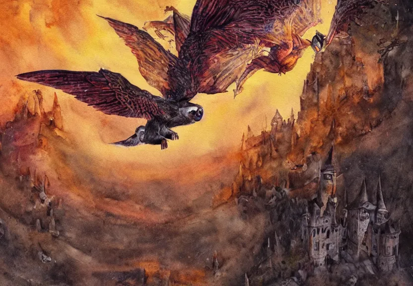 Image similar to legendary fire winged possum flying over a medieval forest castle at night under the dark starred sky, dark fantasy, watercolor, dreaming illusion, highly detailed, 4k, trending on Artstation