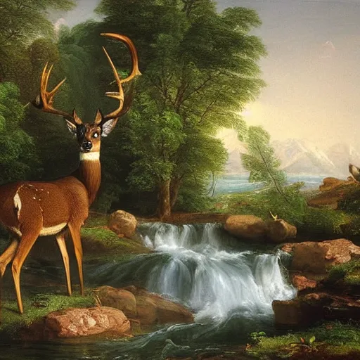 Prompt: A deer comes to drink from the stream. The deer is a metaphor for innocence. It is pure and untouched by the harshness of the world. It is gentle and fragile. An oil painting by Thomas Cole