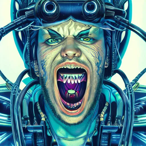 Prompt: portrait closeup of crazy screaming cyber post malone with red robotic eyes, symmetrical, by yoichi hatakenaka, masamune shirow, josan gonzales and dan mumford, ayami kojima, takato yamamoto, barclay shaw, karol bak, yukito kishiro