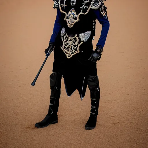 Image similar to medium face shot of adult Austin Butler dressed in futuristic-baroque black-prussian blue garb with embroidered Rams head emblem, and nanocarbon-vest, in an arena in Dune 2021, XF IQ4, f/1.4, ISO 200, 1/160s, 8K, face in-frame