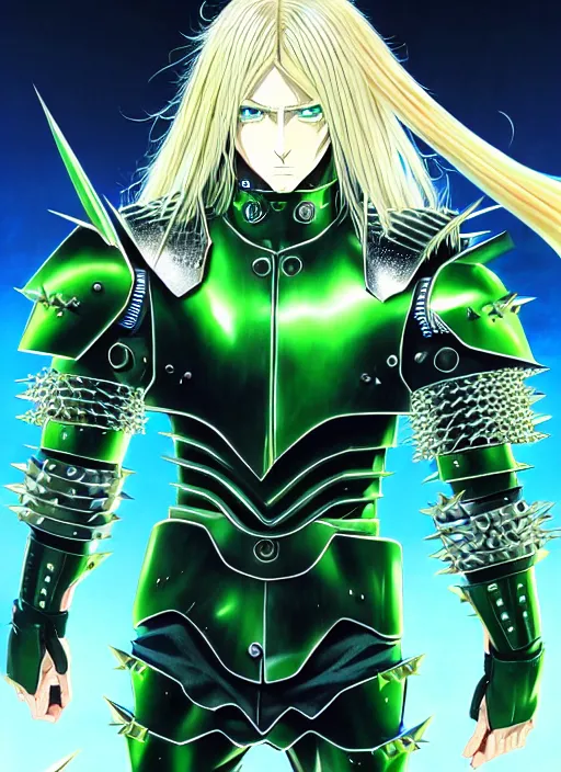 Prompt: a detailed anime full body portrait of a man with long blonde hair and blue eyes wearing evil green spiked cyberpunk armour by hirohiko araki and moebius, detailed artwork, realism, 4 k resolution, detailed, high quality, sharp focus, hq artwork, insane detail, volumetric lighting, character concept art, fine details, clear subject, central subject