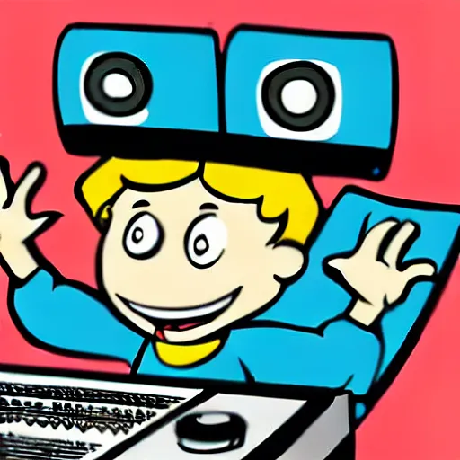 Image similar to cartoon illustration of a kid on a music studio mixing console in the style of The Beano