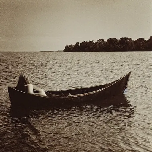 Prompt: “old photo of mermaid, only her face on top of water, next to boat, sepia”