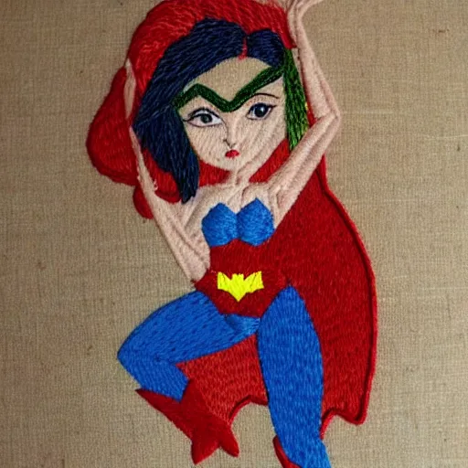 Image similar to a beautiful handmade embroidery of a woman dressed as a superhero. hand embroidery.