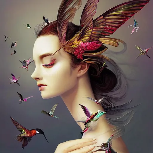 Image similar to 3 / 4 view of a beautiful girl wearing an origami dress, hummingbirds, elegant, by esao andrews, by eiko ishioka, givenchy, by peter mohrbacher, centered, floral ornamentic on cloth and hair, detailed beautiful face, high depth of field, origami, detailed fashion illustration, vogue, japanese, reallusion character creator