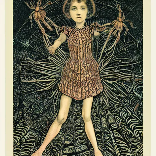 Image similar to a girl with a spider, colored woodcut, flat pastel colors, by Mackintosh, art noveau, by Ernst Haeckel, by Gustave Dorè