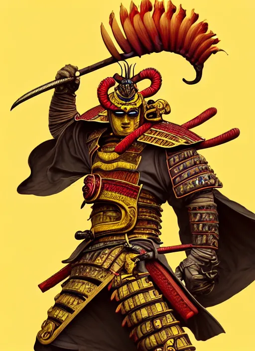 Image similar to a anthropomorphic banana wearing samurai armor, diffuse lighting, fantasy, intricate, elegant, highly detailed, lifelike, photorealistic, digital painting, artstation, illustration, concept art, smooth, sharp focus, art by frank frazetta and marco bucci and loish and rossdraws and artgerm and alphonse mucha