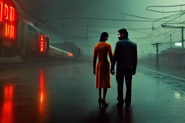 Image similar to film still of closeup beautiful model indian couple in blade runner 2 0 4 9, train station, cinematic, moody, gritty neon noir by emmanuel lubezki