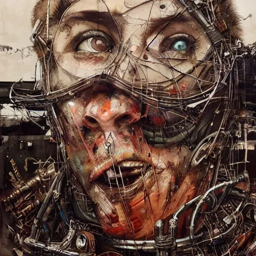 Image similar to mad max rockatansky, wires cybernetic implants, abandoned steelworks, grime and grunge, in the style of adrian ghenie, esao andrews, jenny saville,, surrealism, dark art by james jean, takato yamamoto