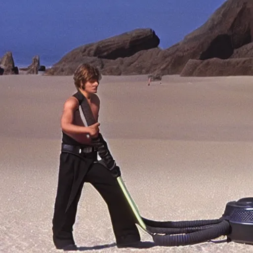 Prompt: Anakin Skywalker!!!, vacuuming on a beach, still from star wars,