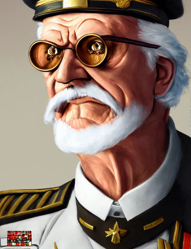 Image similar to a portrait of colonel sanders wearing a military uniform and an eyepatch, by moebius and tyler edlin and hr giger, trending on artstation, digital art, 4 k resolution, detailed, high quality, sharp focus, hq artwork, coherent, insane detail, concept art