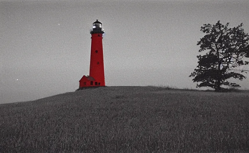 Prompt: lighthouse that shines with a red beam, field, night, unsettling, photo 1998