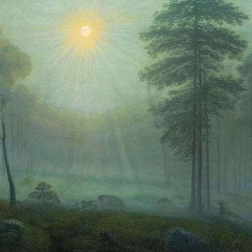 Prompt: A beautiful forest, with tall trees and soft leaves, blanketed in a thin layer of mist. The sun is setting, and the sky is a deep blue. In the distance, you can see a wooden airship sailing through the clouds, by Caspar David Friedrich, trending on artstation.
