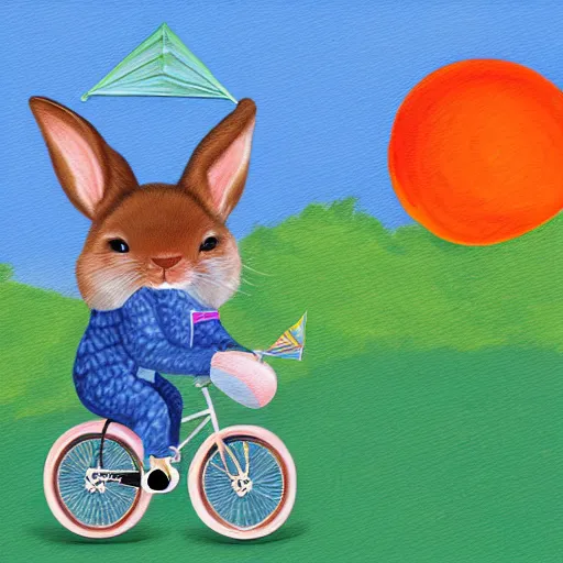 Image similar to a humanoid rabbit riding a bicycle while flying a kite, digital painting