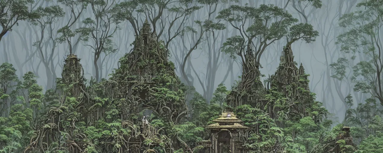 Prompt: massive stone temple zigurat overgrown with vegetation, an old shipwrecked ship in the middle of the composition, striking composition, huge scale, deep forest, huge ficus macrophylla, gentle mists, subtle color variations, highly detailed, a white robed benevolent magician clothed in a royal garment in contemplation meditating upon God, by Eyvind Earle and Mary Blair