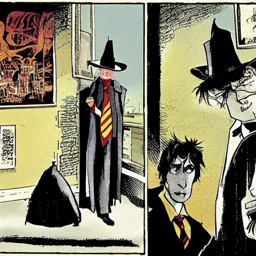 Prompt: comics Harry Potter talking to the Sandman in The Sandman comic, by Neil Gaiman, by Dave McKean, comics Sandman, small details, whole-length, clear faces