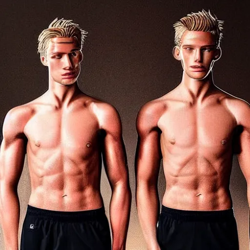 Image similar to a realistic detailed photo of a guy who is an attractive humanoid who is half robot and half humanoid, who is a male android, soccer player frenkie de jong, shiny skin, posing like a statue, blank stare, in a living room, on display, showing off his muscles, with a twin