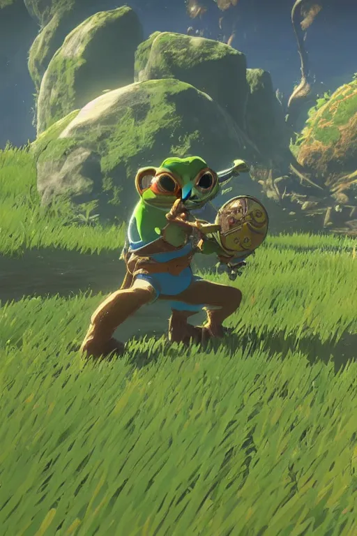 Image similar to in game footage of a frog from the legend of zelda breath of the wild, breath of the wild art style.