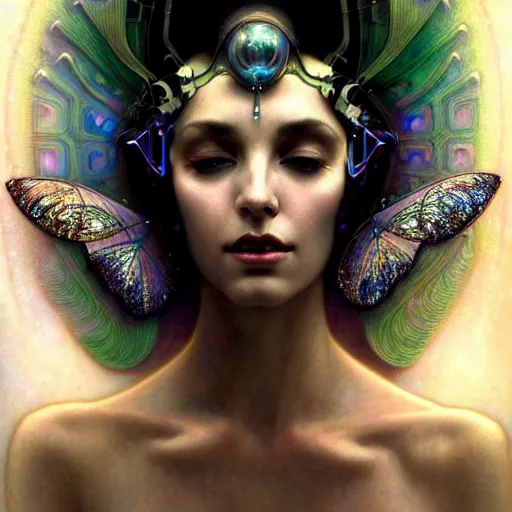 Image similar to extremely psychedelic beautiful cyborg queen of lsd infected by night. intricate, elegant, highly detailed, extremely lifelike photorealistic digital painting, artstation. steichen, gaston bussiere, tom bagshaw, cyberpunk alphonse mucha. elegant minimalism. anatomically correct. sultry. sharp focus. white. surreal lush hallucination