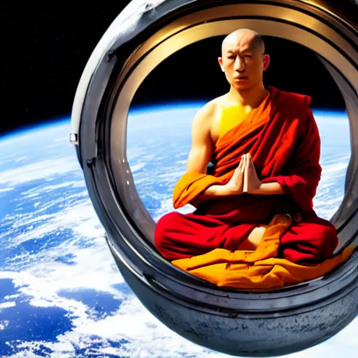 Image similar to a Buddhist monk levitating whilst meditating inside an astronauts helmet