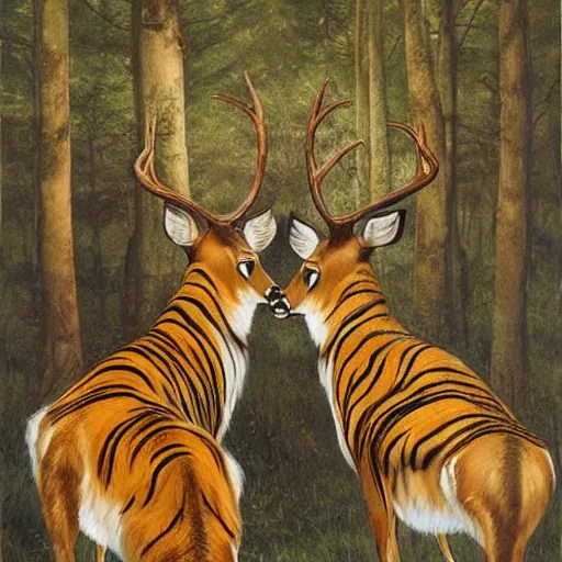 Image similar to a painting of deer in tiger skin and tiger in deer skin facing each other, their heads bowed towards ground by esao andrews