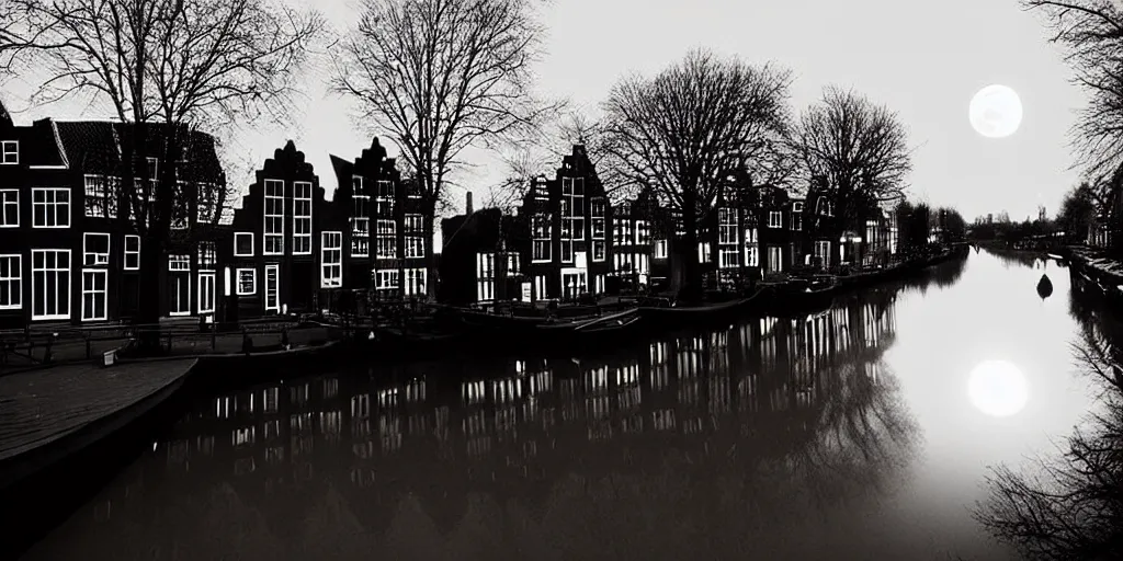 Prompt: Dutch houses along a river, silhouette!!!, A single circular white full moon, black sky with stars, soft glowing windows, stars in the sky, b&w!, Reflections on the river, a man is punting, flat!!, Front profile!!!!, HDR, soft!!, street lanterns glow, shimmers, 1904, illustration, shadowy figures