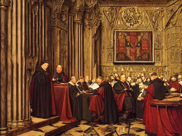 Image similar to “ martin luther at the house of lords by anton von werner, 1 6 th century, medieval, tudor, oil on canvas, highly detailed, artstation hd ”