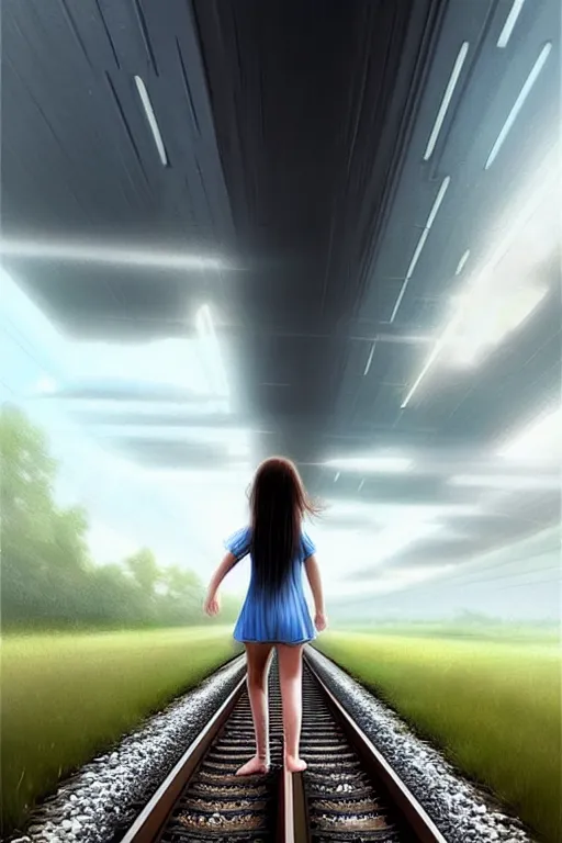 Prompt: reflective water submerges invisible underwater train tracks as a barefoot girl carries her shoes, there is a train station in the distance and large white clouds on a wide horizon, intricate, elegant, highly detailed, digital photo, artstation, concept art, smooth, sharp focus, low angle photo, art by artgerm and greg rutkowski and fra angelico