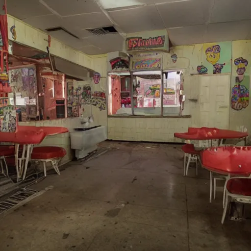 Prompt: an abandoned pizzeria with animatronics resembling chuck e cheese's