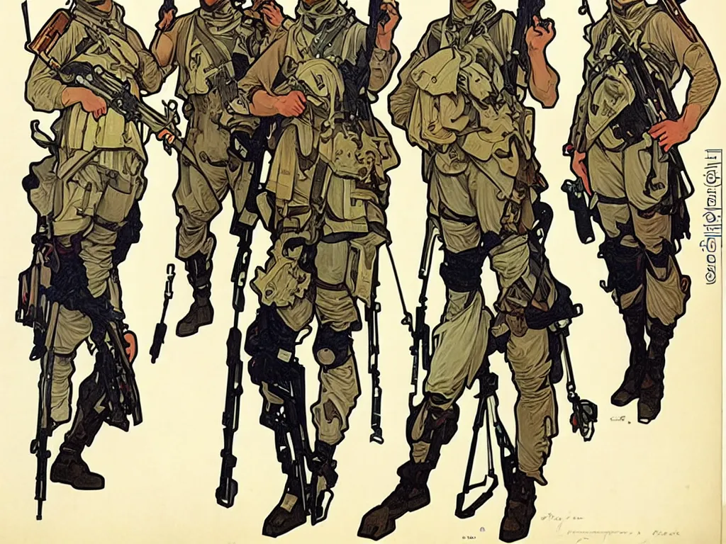 Image similar to 4 elegant full length special forces soldiers with orca prints designed by alphonso mucha