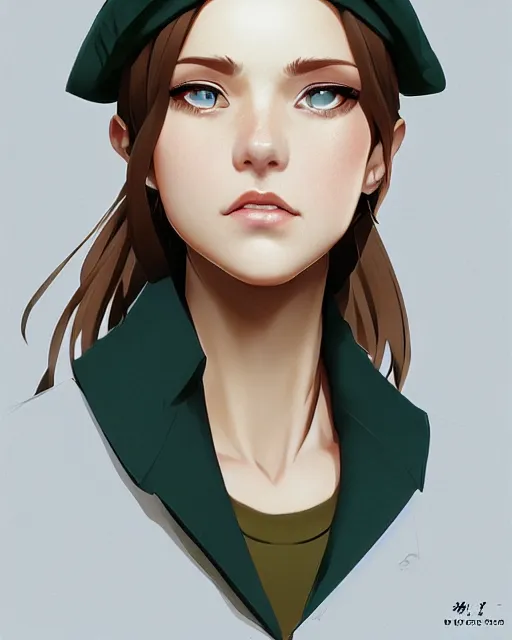 Prompt: potrait bust of young woman with shoulder length light brown hair and hazel eyes dressed in a sharp dark teal military uniform and beret, beautiful, symmetrical, anime, ilya kuvshinov, greg rutkowski, guweiz, ross tran, loish, svetlana tigai, artgerm, artstation trending, concept art, digital painting