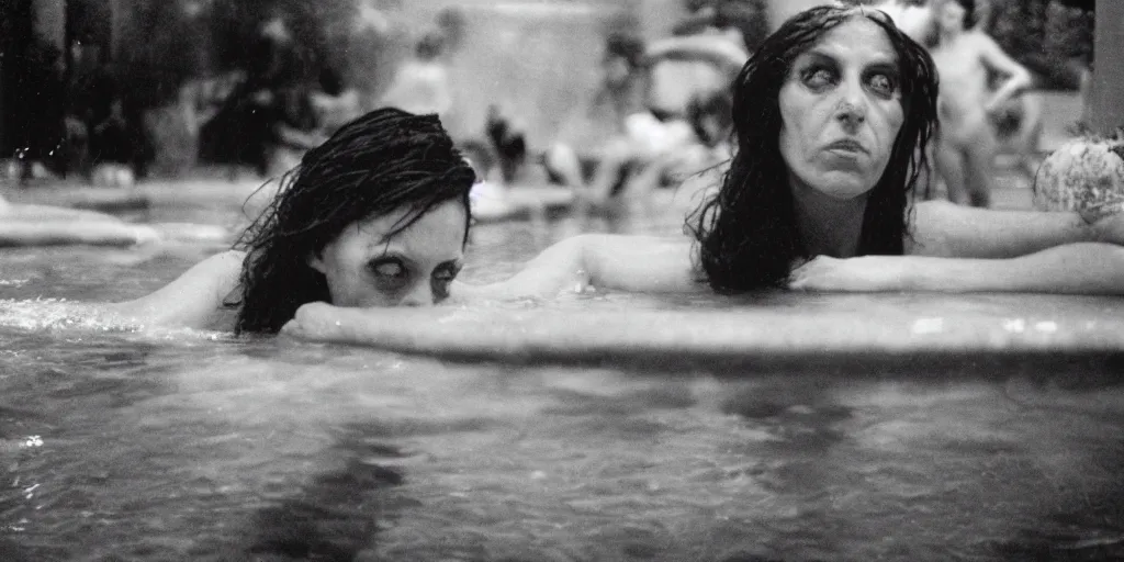 Prompt: an evil mermaid in a pool in Las Vegas, candid, long lens, shallow depth of field, photograph by Nan Goldin