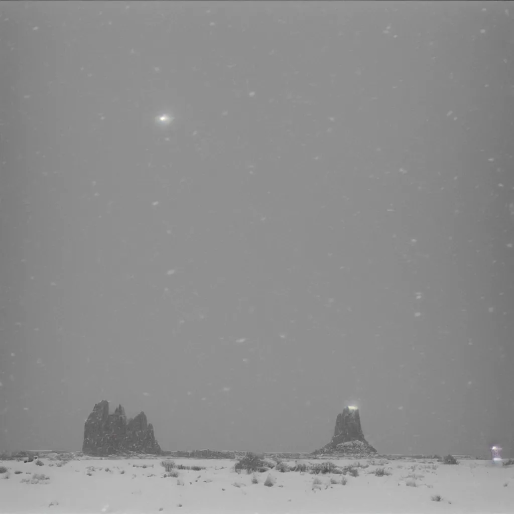 Image similar to photo of shiprock, new mexico during a snowstorm. a mark iv tank is in the distance, looking back over his shoulder. cold color temperature, snow storm. hazy atmosphere. humidity haze. kodak ektachrome, greenish expired film, award winning, low contrast,