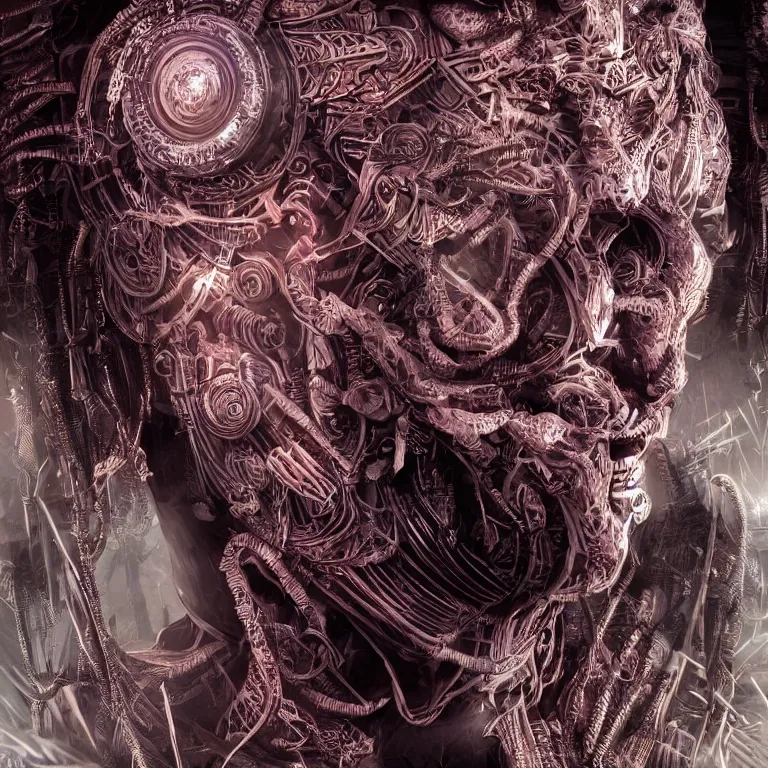 Image similar to surreal spinal ribbed tribal exotic organic face portrait of a cyberpunk fighter, beautiful detailed intricate insanely detailed 3D render digital art, octane render, 8K artistic photography, photorealistic, neon lights