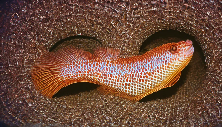 Image similar to 5 0 s movie still of a spiral fish with legs in a tunnel, cinestill 8 0 0 t 3 5 mm technicolor, heavy grain, high quality, high detail