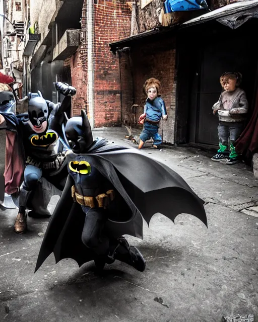 Image similar to happy batman beating up children in an alleyway, hd photography