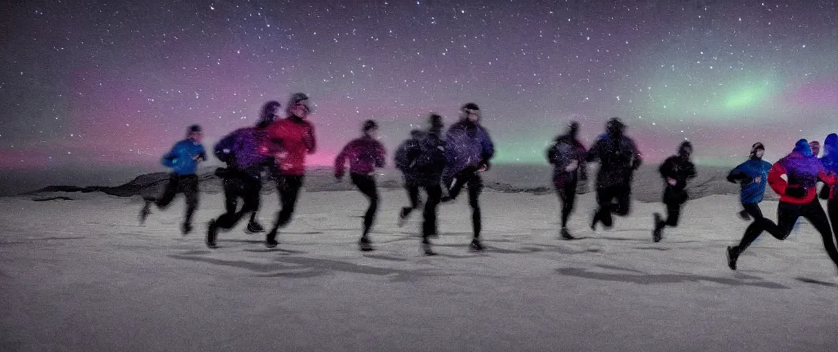 Image similar to a creepy dimly lit hyper detailed photo realistic vivid close up photograph of a group of six people running at night in antarctica running through mcmurdo station base screaming oh my god terror shadows evil darkness aurora borealis