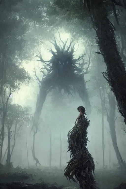 Image similar to a beautiful terrifying tree monster looms over a tiny human. at dawn, ethereal fantasy art by greg rutkowski