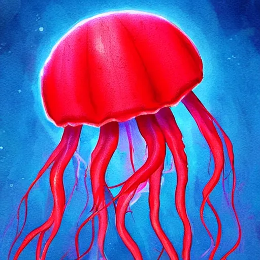 Prompt: fantasy red jellyfish swiming in blue waters, artstation, beautiful, colorful