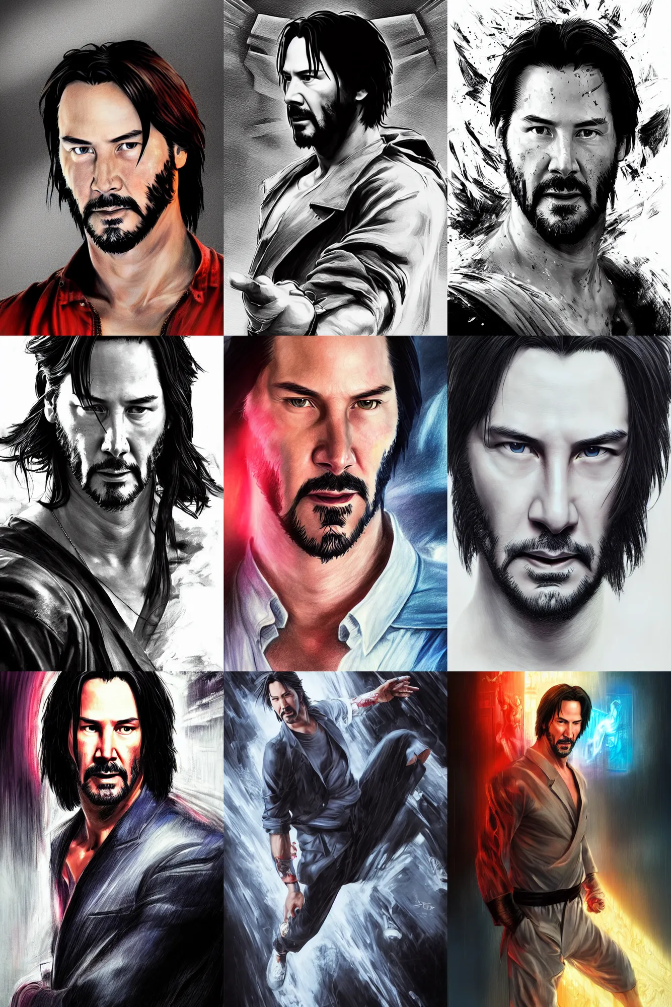 Prompt: professional portrait drawing, beautiful keanu reeves in street fighter, intricate, epic lighting, cinematic composition, hyper realistic, 8k resolution, unreal engine 5, by Artgerm, tooth wu, dan mumford, beeple, wlop, rossdraws, James Jean, Andrei Riabovitchev, Marc Simonetti, yoshitaka Amano, Artstation