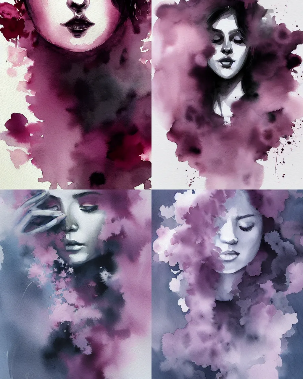 Prompt: black mauve watercolor smoke swirling flowery portrait, fantasy art by artgerm and alena aenami