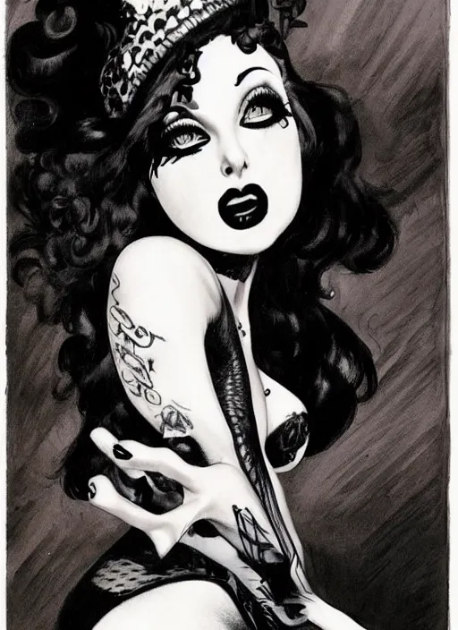 Prompt: of a goth girl burlesque psychobilly punk, detailed face, white background, drawing, long shot angle, illustration by frank frazetta