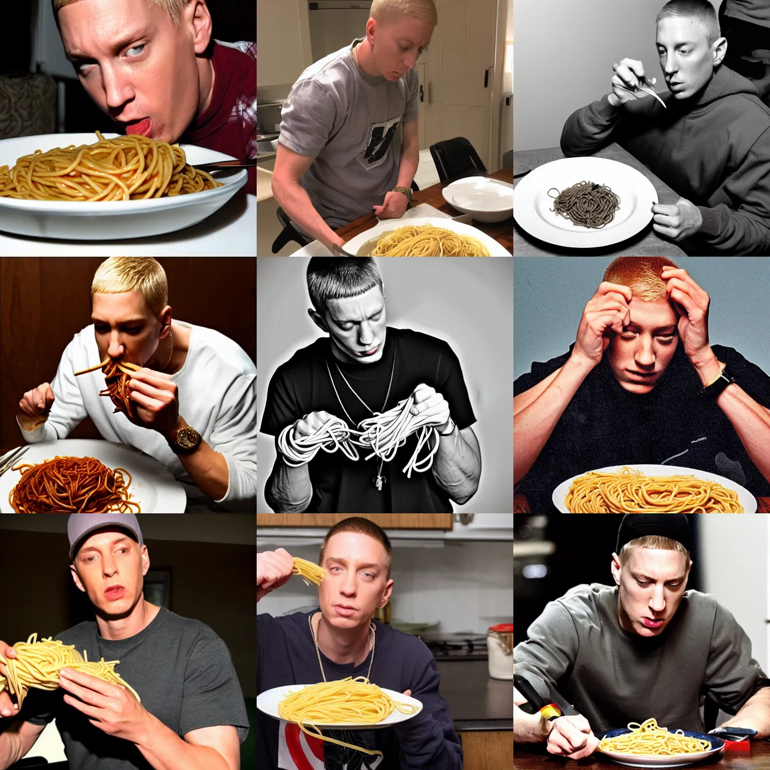 Prompt: Eminem eating spaghetti